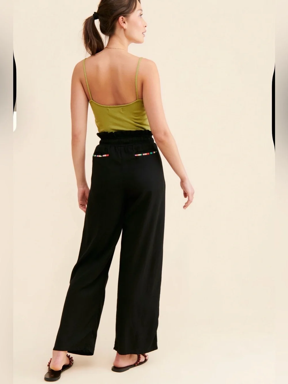 NWT new small free people pastiche Tina linen pants Black multicolor trim
